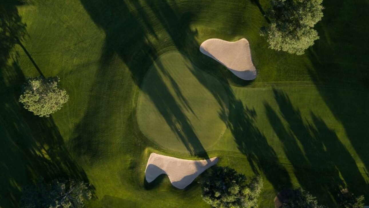 An aerial view of a golf course.