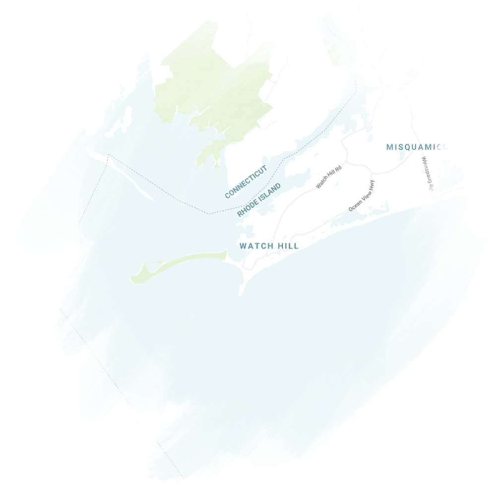 Map showing the region of Watch Hill, including surrounding areas like Misquamicut, Block Island, and Connecticut, with waterways and landmasses labeled.