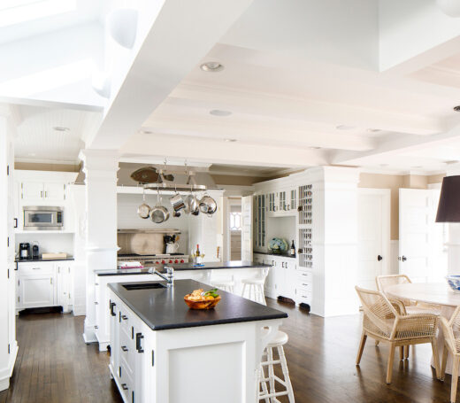 A kitchen and dining area inside a cottage.