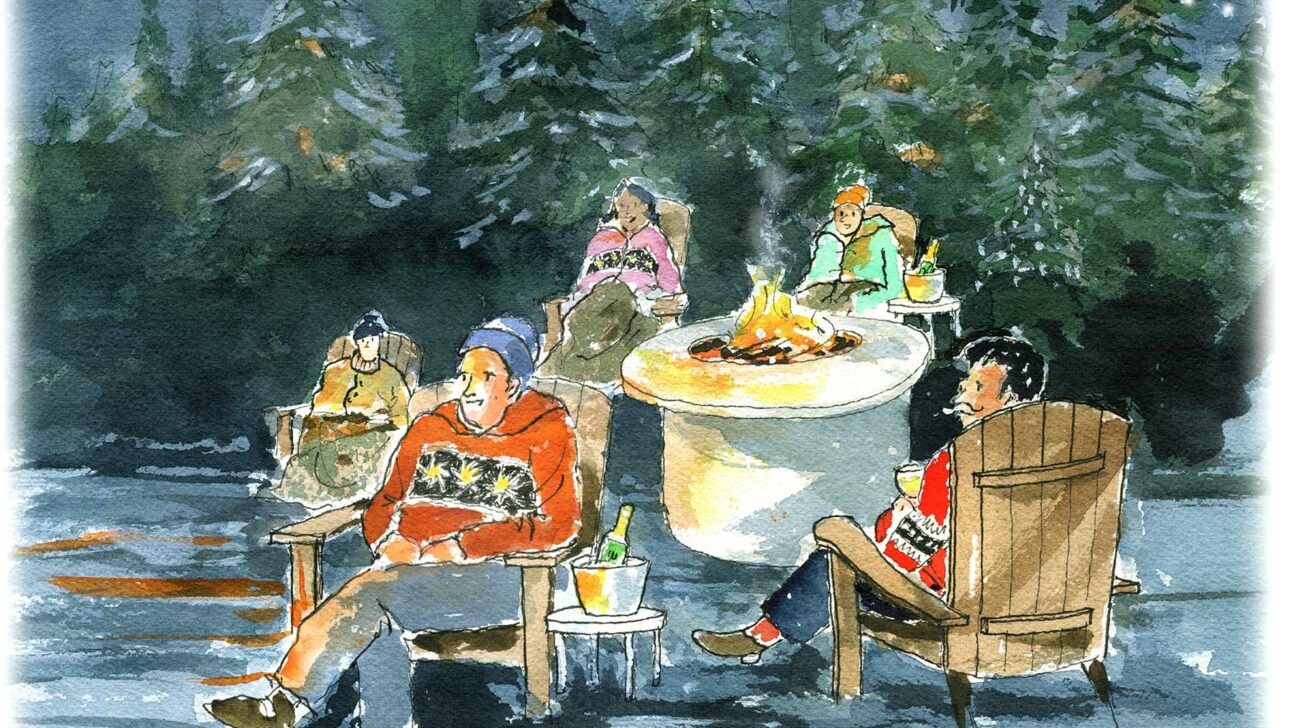 An illustration of people lounging around a fire pit outside.