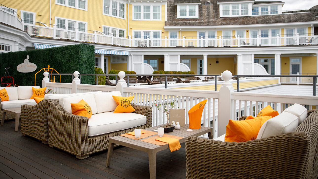 Secret Garden Champagne Bar outdoor dining seats.