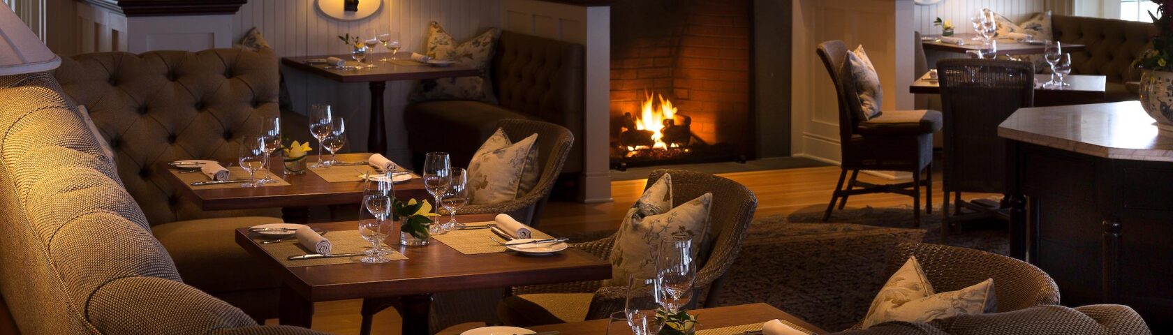 The Bistro dining area with a fireplace.