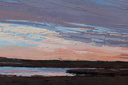 A landscape painting of a sunset over a body of water, featuring shades of orange, pink, and blue in the sky.